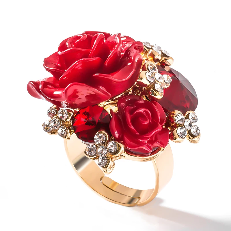 

SHUANGR Enamel & Austria Crystal Ring Big Rose Flower Ring Jewelry Girlfriend Women Accessories Love Jewelry Party Gifts