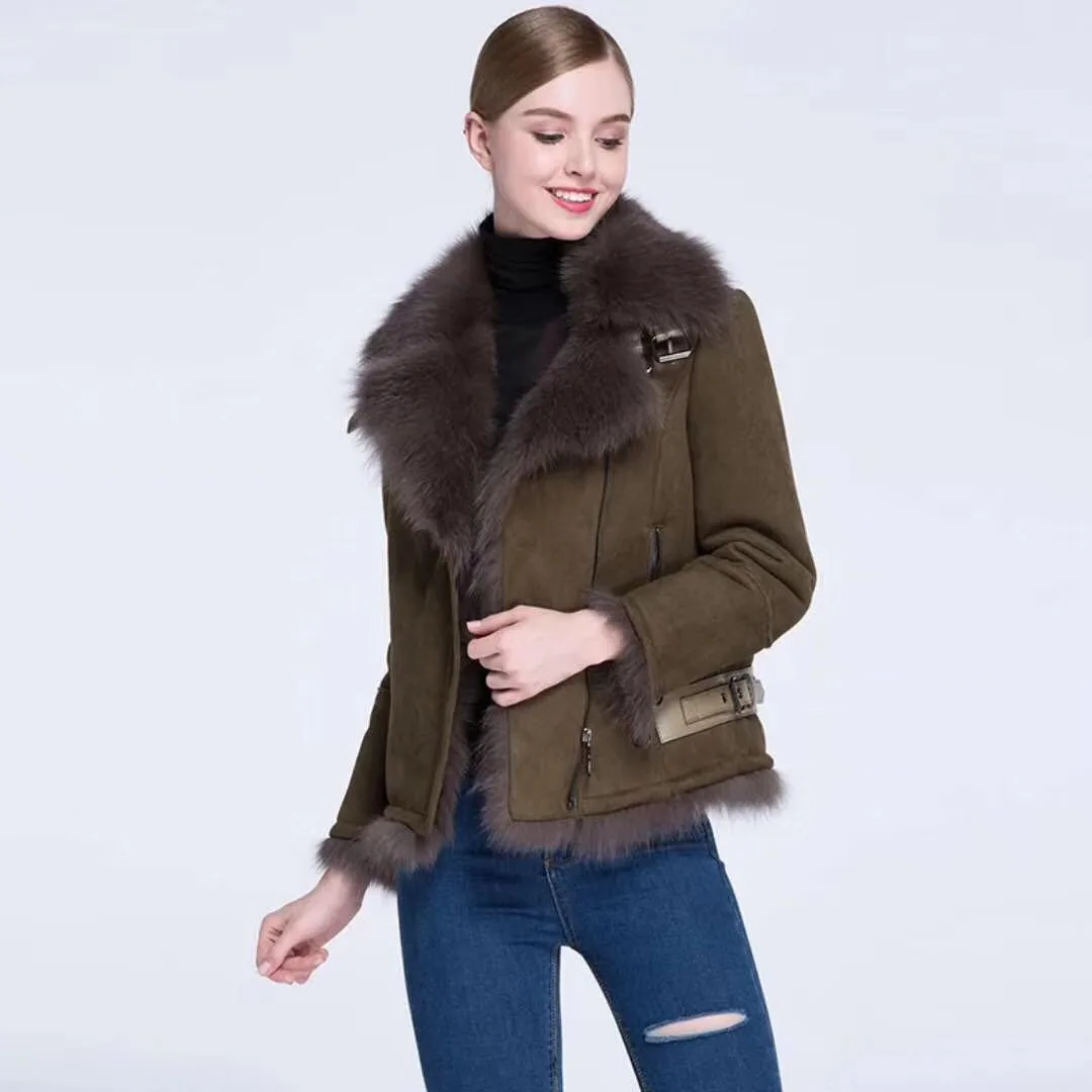 

rf0210 Real Fox Fur Shearling Jacket Women Natural Fox Fur with Faux Leather Jacket Fashion Motorcycle Leather Coat