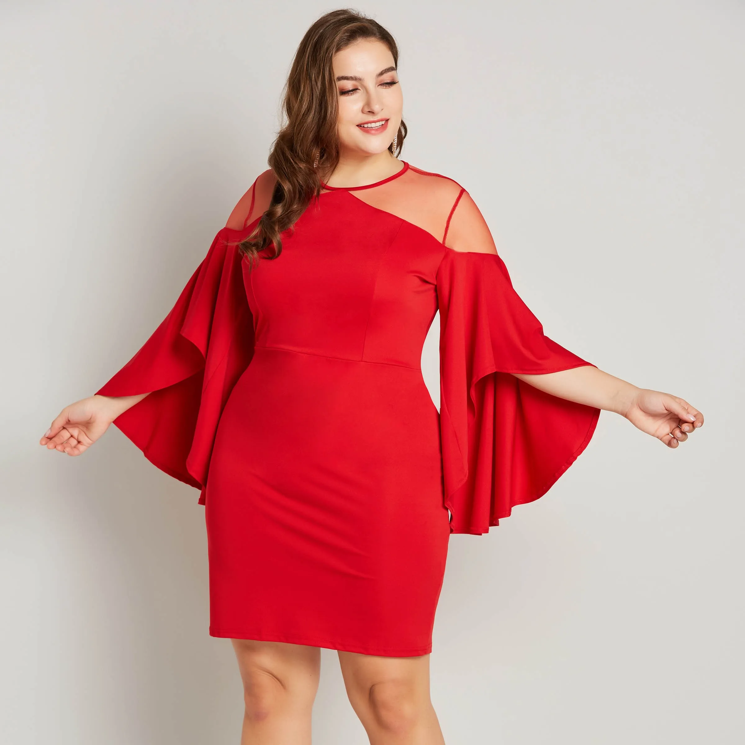 

2018 Fall Office Lady Sexy Elegant Casual Plus Size Women Dresses Flare Sleeve Pullover Plain Hollow Mesh Female Pencil Dress