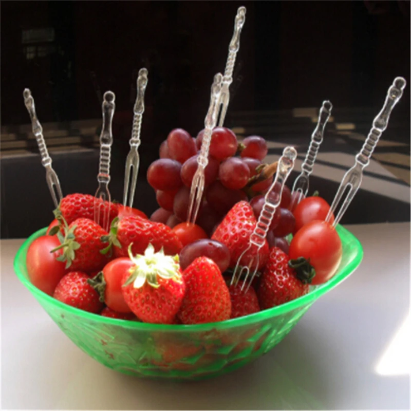 

80Pcs/bag Mini Clear Transparent Disposable Forks Home Dining Plastic Food Cake Fruit Fork Picks Skewer Set For Party BBQ Sticks