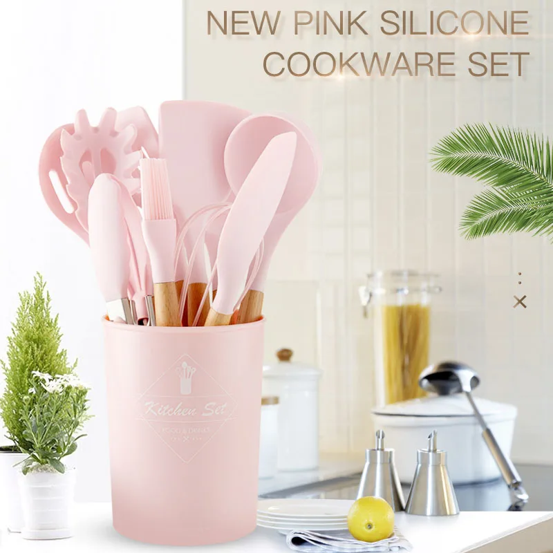 

Pink Cooking Tools Set Premium Silicone Utensils Set Turner Tongs Spatula Soup Spoon Non-stick Shovel Oil Brush Kitchen Tool