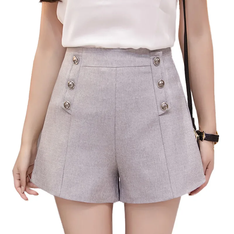 High Waist Double Breasted Office Lady Shorts Women Summer Vintage High