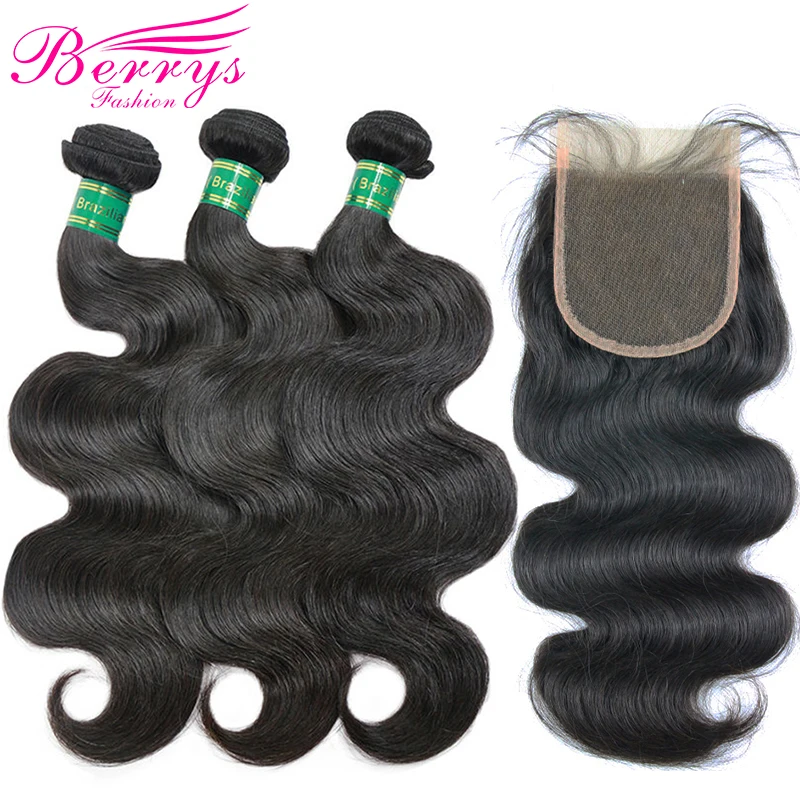 

Brazilian Hair Body Wave 3PCS Virgin Hair Bundles with Lace Closure 4x4 Free Part Unprocessed Hair Extension Berrys Fashion