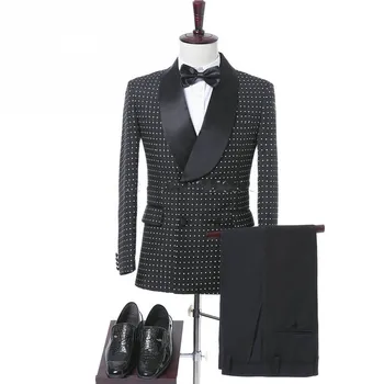 

Hot selling Men Black Double Breasted Wedding Groom Suit With Pants Spotted Tuxedos For Men Wedding Suits Prom Best Man Suits