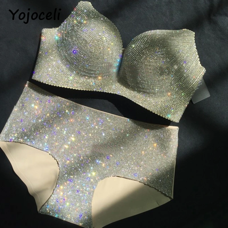 Yojoceli sexy shinny handmade rhinestone bra set women party club two piece set lingerie chic jewlery bling glamour underwear