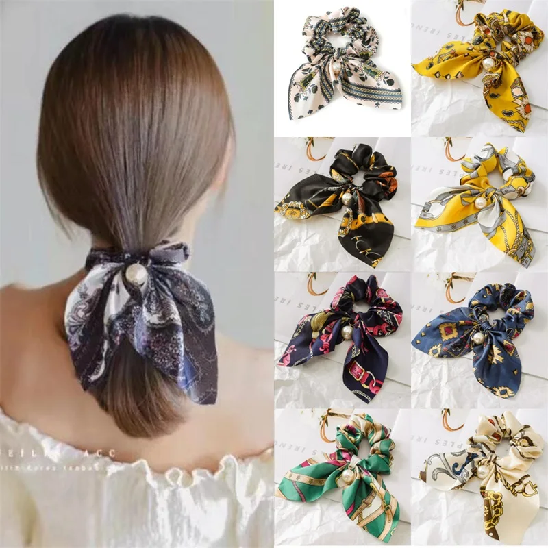 

Women Hair Ribbons Vintage Big Bowknot Scrunchies Pearl Print Flower Hair Ties Hair Holder Rubber Bands Gum Hair Accessories