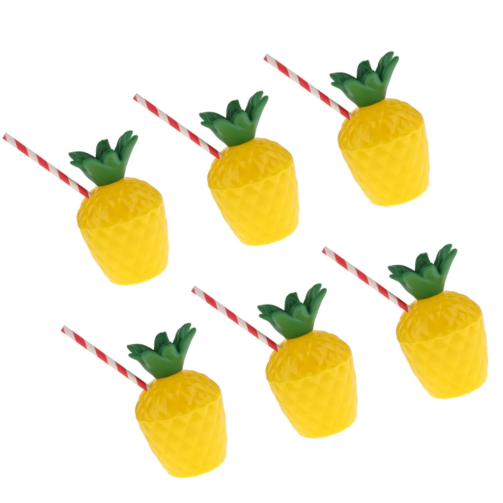 6x Plastic Tropic Pineapple Drinking Cup & Straw Hawaii Luau Beach Party Decor