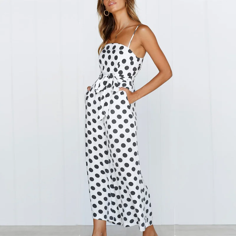 

Casual Dot Sleeveless Slash Neck Ankle Rompers Women Jumpsuits Streewear Spaghetti Strap Backless Sashes Rompers Summer Jumpsuit