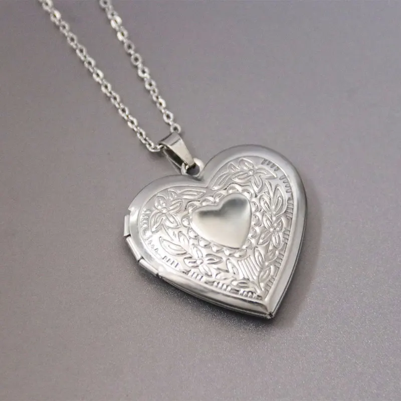 

Everfast 1pc Engraved Heart Photo Frame Love Heart Pendant Necklaces Stainless Steel Charms Locket Necklace Women Memory Jewelry