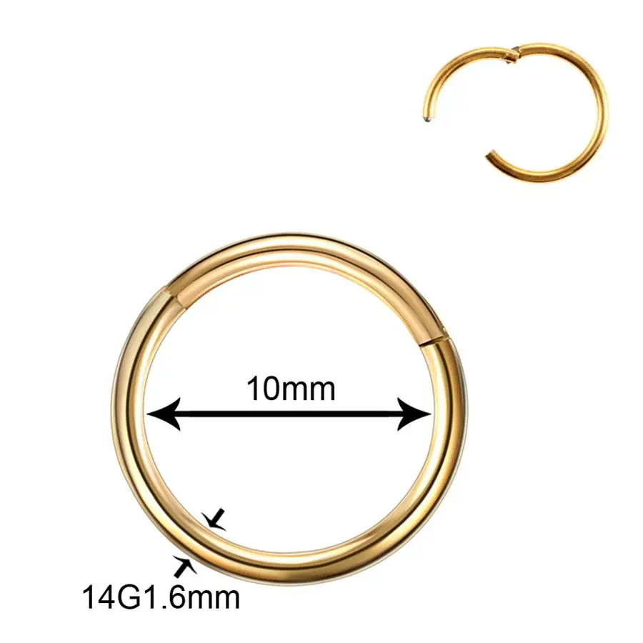 50 шт./лот титановый шарнирный сегмент носа Ушная перегородка кольца губы носа брови ниппель кликер хряща Tragus ювелирные изделия для пирсинга тела - Окраска металла: 1.6x10mm v Gold