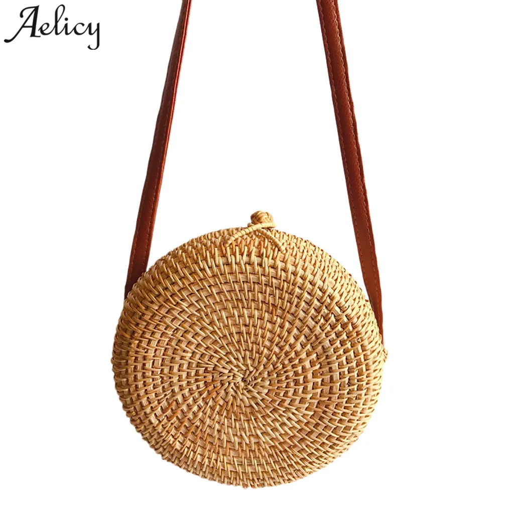 

Aelicy New Round Straw Bags Women Summer Rattan Bag Handmade Woven Beach Cross Body Bag Circle Bohemia Handbag