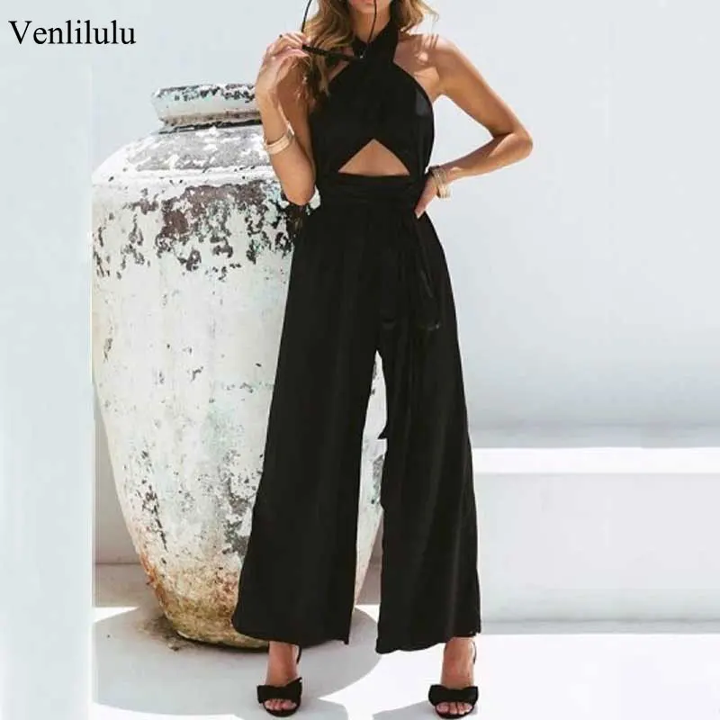 

2019 Summer Loose Jumpsuit Women Halter Long Jumpsuit Female Elegant Backless Jumpsuit Ladies Fashion Romper Jumpsuit For Women