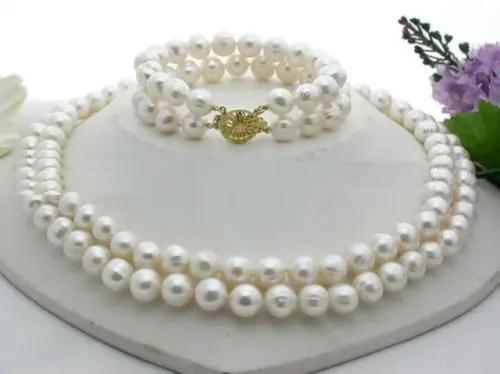 

Free Shipping >>>>>double strands 7-8mm natural south seas white pearl necklace 18inch bracelet 7.5