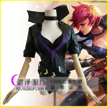 

Custom made Hot Game LOL Cosplay Costume Jing Ke Sexy Pu leather Black Coat+Top+Pants+Gloves Full Sets Free Shipping A
