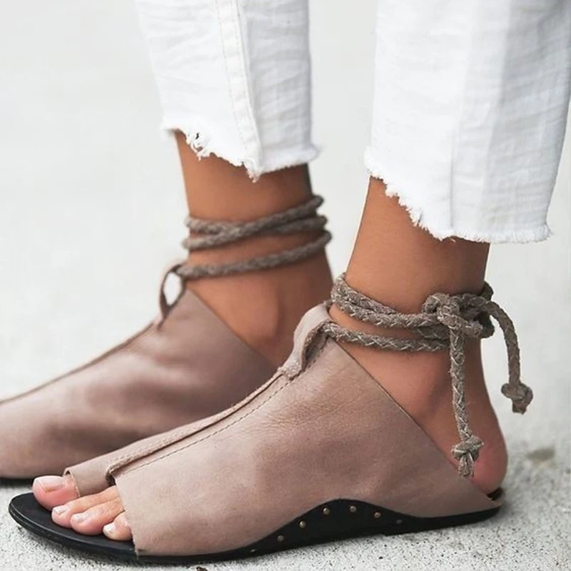 

2019 Summer Sandals Women Shoes Ankle Strap Flat Sandals Lace Up Beach Shoes Fish Mouth Fashion Plus Size