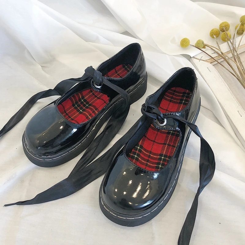 Студенческая обувь в стиле Лолиты; обувь для школьниц; форменная обувь с круглым носком из искусственной кожи; обувь Mary Jane с бантом - Цвет: Черный