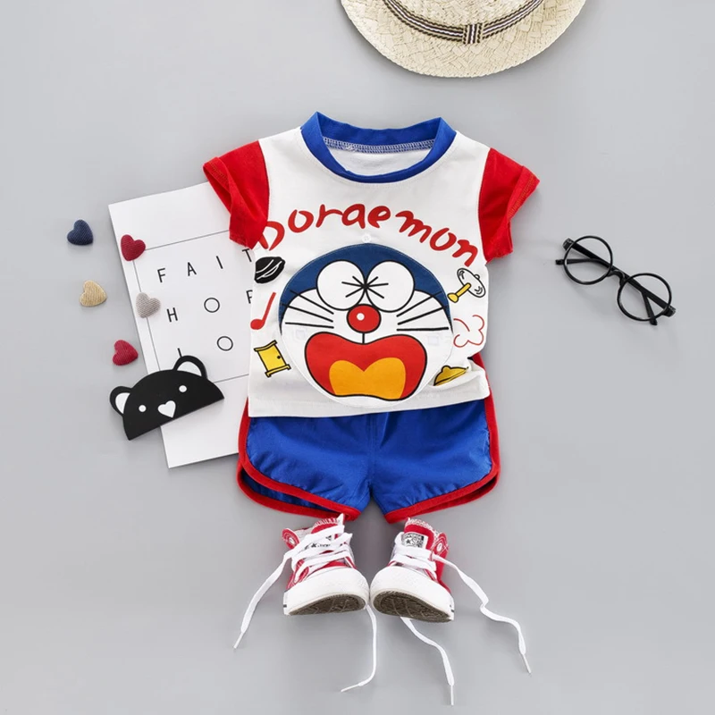 Toddler baby boys girl Clothing sets Summer Kids Replaceable Doraemon pattern T-Shirt+ Short Suits Infant Creativity Tracksuits