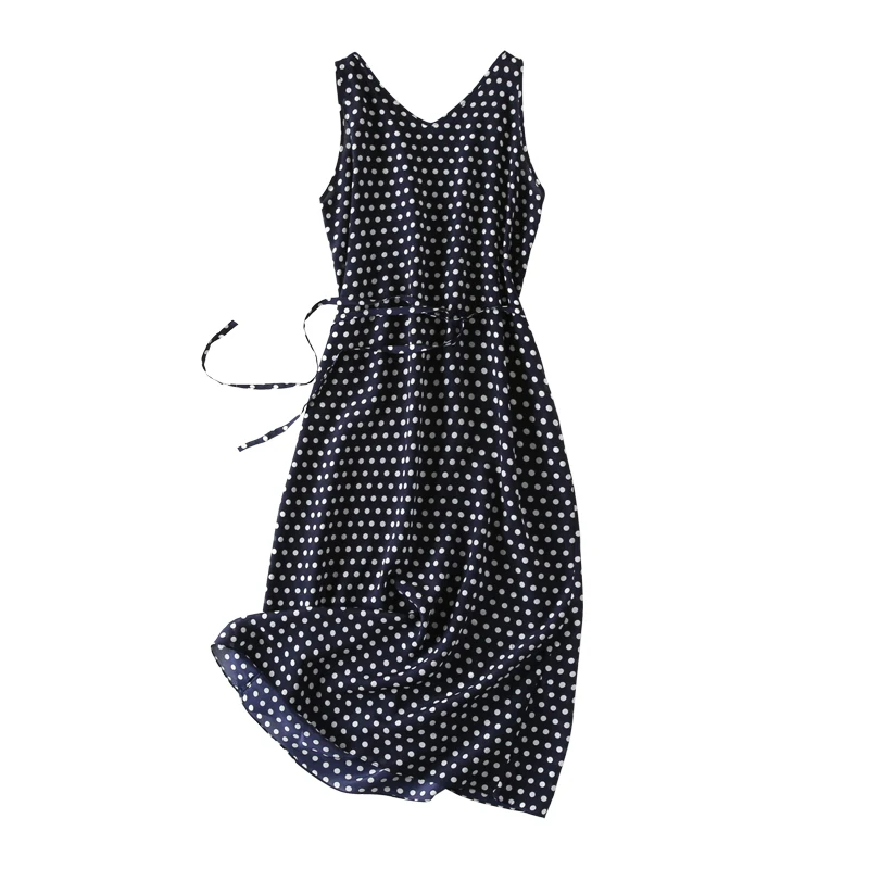 

Women Summer Silk Dress V neck Navy Blue Vintage Natural silk dresses Elegant Dots Dress Casual holiday real silk long dress