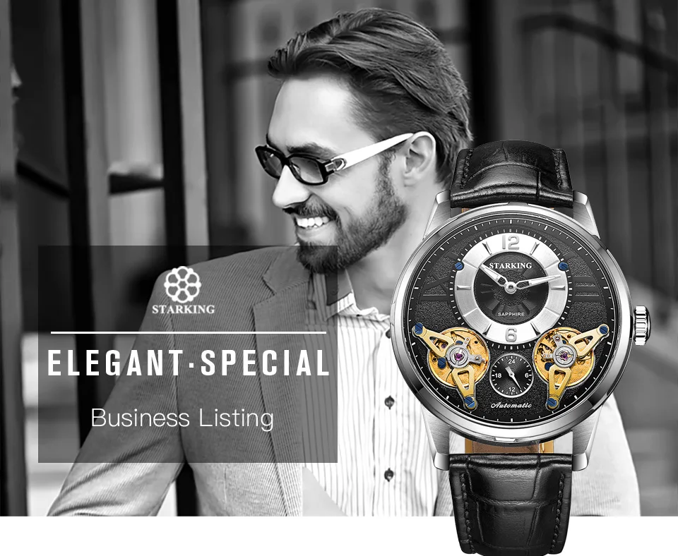 STARKING известный бренд часы для мужчин 50 м Водонепроницаемый Бизнес наручные часы Мужские автоматические двойные часы из турбийона подарок для мужчин Klockor