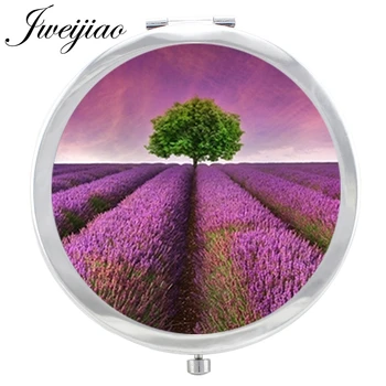 

JWEIJIAO Lavender Flower Makeup Mirror Glass Cabochon Purple Flower Photo Floding Round compact Hand pocket Mirror espejo