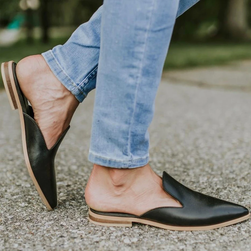 

LASPERAL Leather Women Low Heel Slippers Fashion Mule Shoes Pointed Toe Slides Patchwork Sandal Ladies Zapatos Mujer 2019