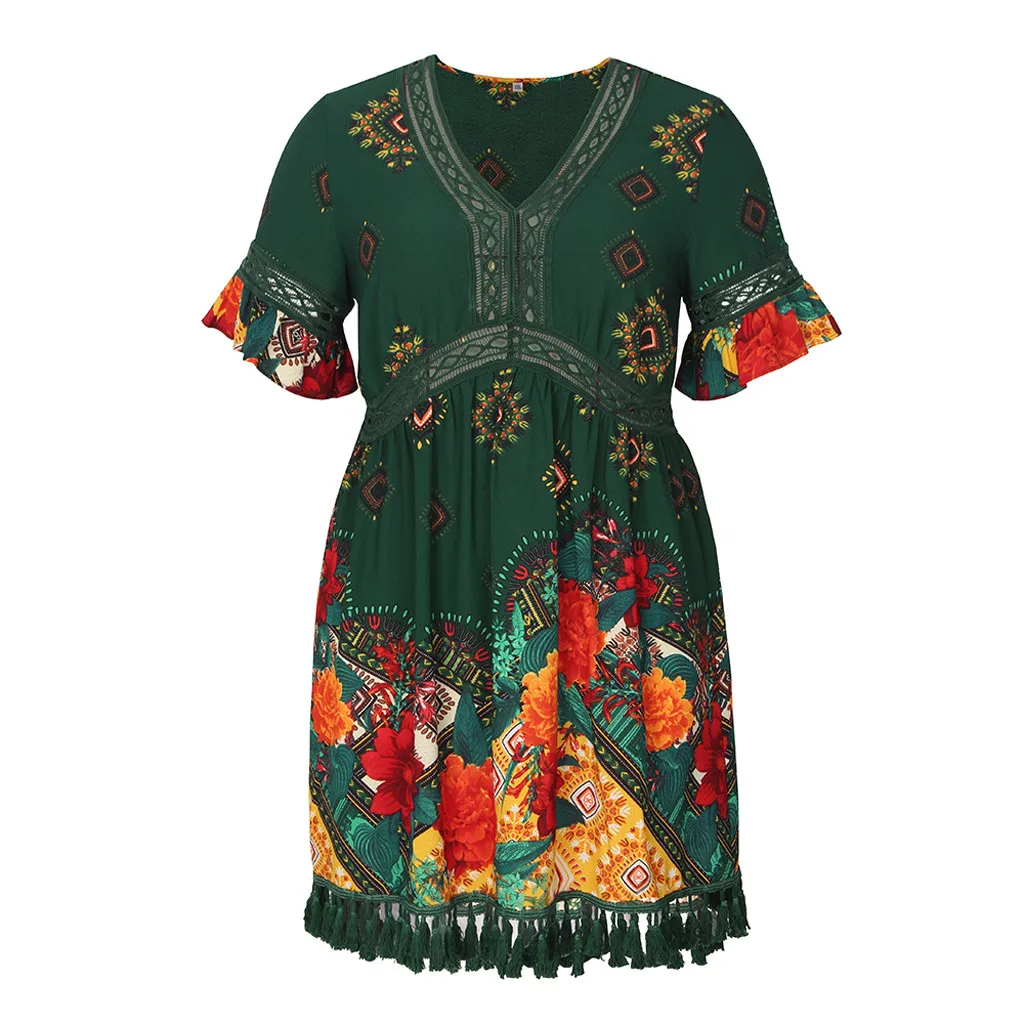 Plus Size Women Summer Dress Bohemian Floral Print Tassels Short Sleeve Dress Vintage Women V-Neck Beach Dresses roupas feminina