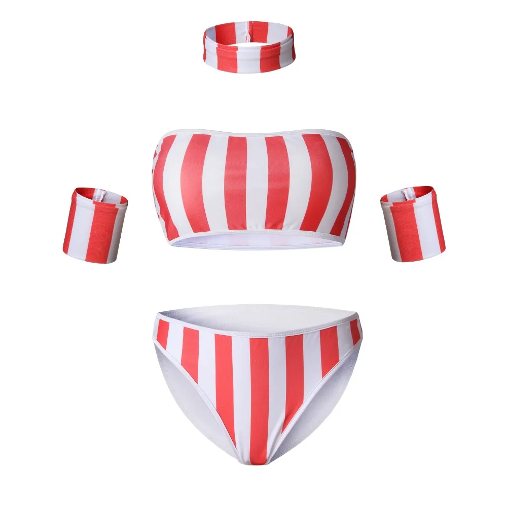 

Striped Off Shoulder Bandeau Bikini Push Up Swimsuit 2017 Separate Bathing Suit Women Cropped High Neck Ladies' Swimwear Sexy