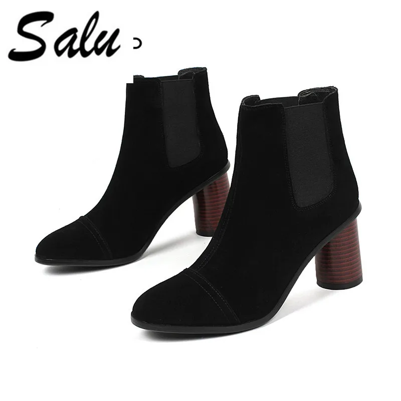 

Salu Women's Fashion cow suede leather Ankle Boots square Thick Heel Boots Woman Fall Size 34-43