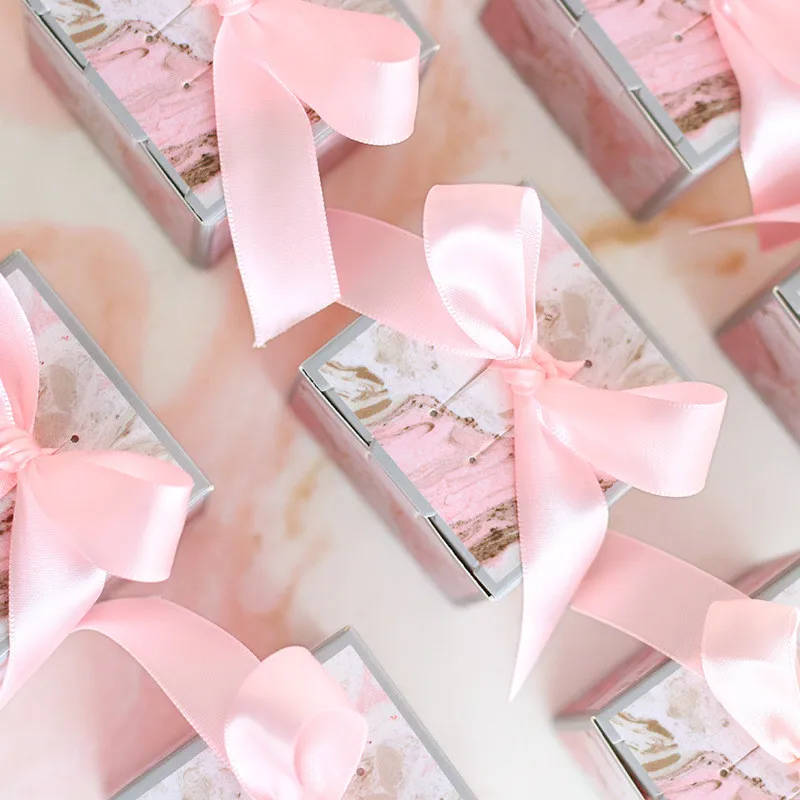100 шт., розовая Свадебная коробка для конфет, квадратная Подарочная коробка с лентой, свадебные подарочные коробки для детского душа, вечерние и праздничные принадлежности