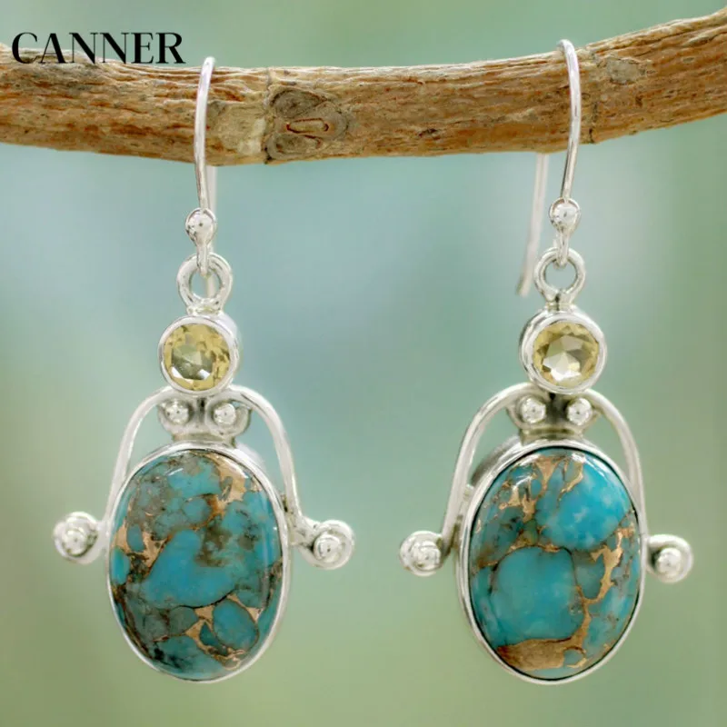 

Canner Vintage Stone Silver Drop Earrings For Women Bohemia Round Crystal Long Earring Wedding Jewelry