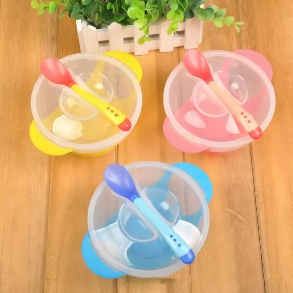

1 Set Baby Suction Cup Bowl Temperature Sensing Spoon and Cover Slip-resistant High-quality training materials Baby Bowl #43