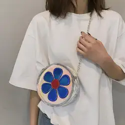 Модные цветы для женщин маленькая сумка круглый лазерный Crossbody сумки с цепочкой ремень