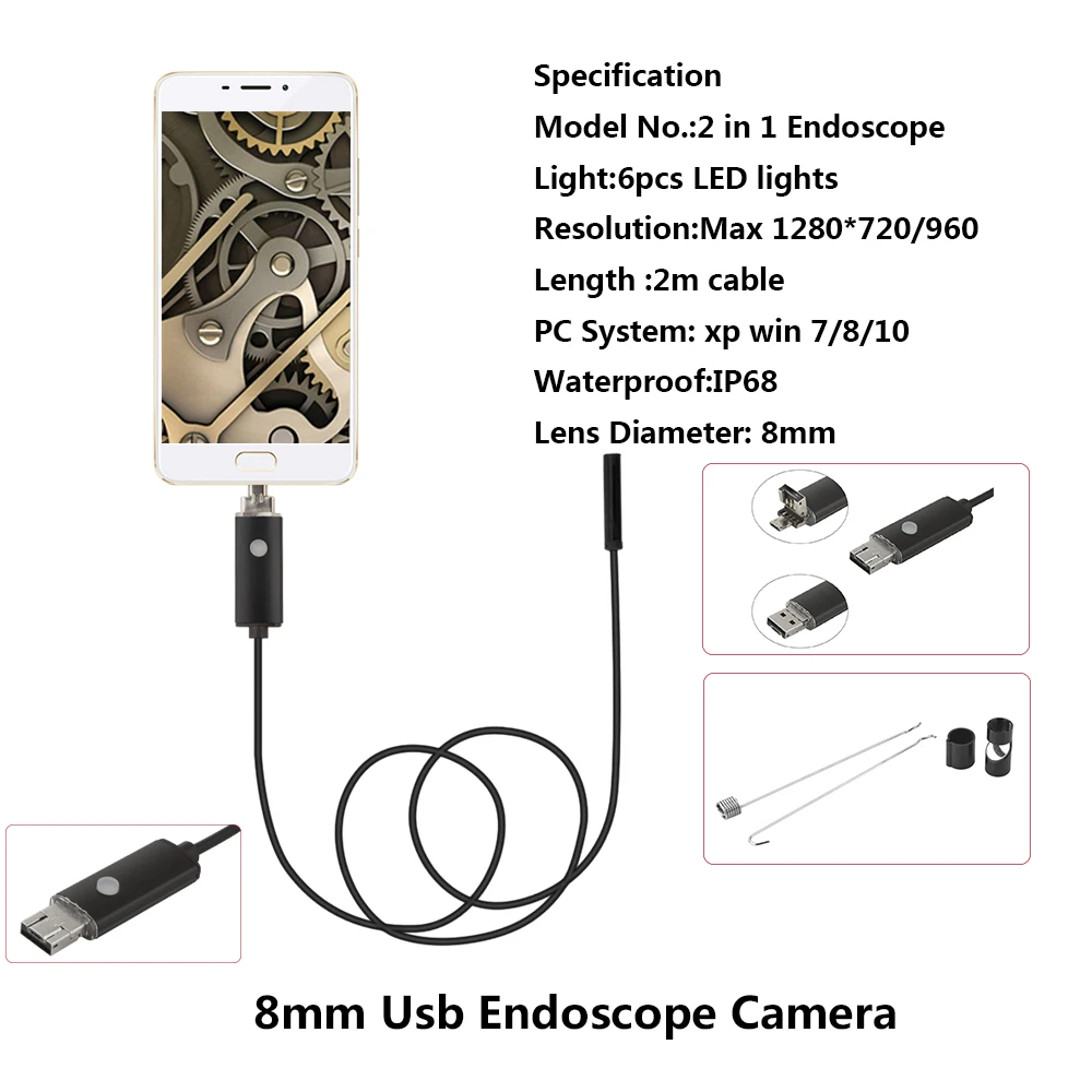 

JCWHCAM 8MM Len Endoscope Waterproof Inspection Borescope 2.0 MP 6 LEDs USB Wire Snake Tube Camera For OTG SmartPhone 2M Cable