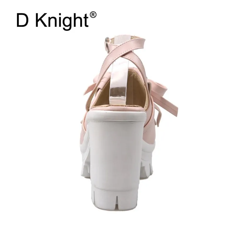 Roman Sandals Woman Sweet Bowtie Yong Lady Lolita Shoes Ankle Strap Square High Heels Female Goth Shoes Platform Summer Sandals  (9)