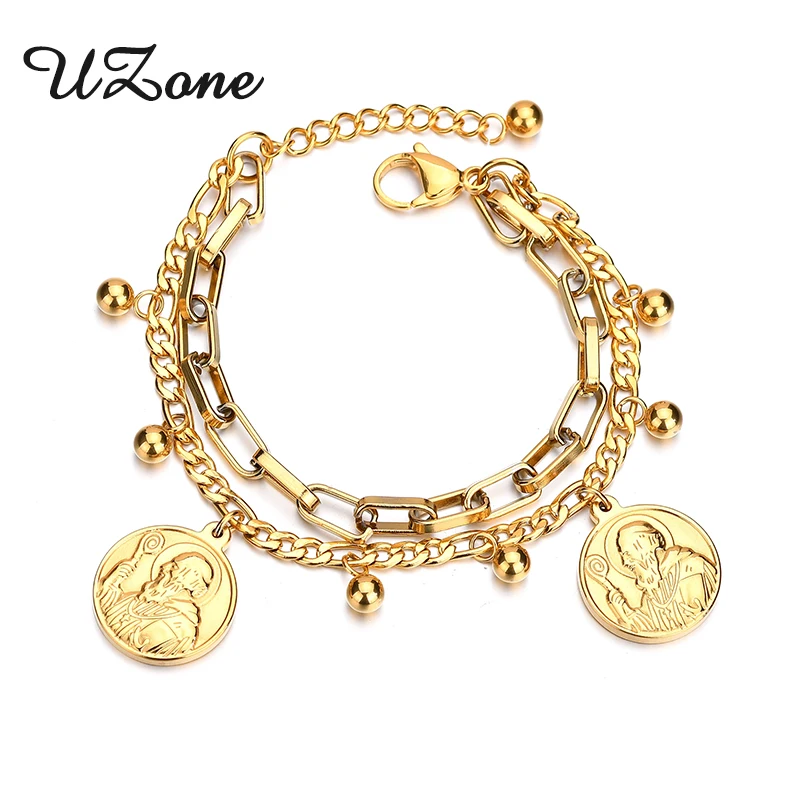 

UZone Jesus Medallion Men Bangle Bracelets Stainless Steel Multi Layers Chains Bracelets For Men