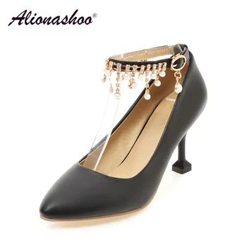 

2019 New Spring/Autumn Black Plus Size 34-46 Pearl Buckle Fashion Thin High Women Shoes Pointed Toe PU Leather Pumps For Ladies
