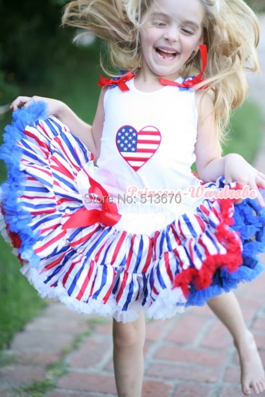 

4th July America Stripe Style Pettiskirt USA Flag Heart White Tank Top Set 1-8Y MAMG1144