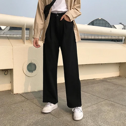 Женские джинсы, свободные, высокая талия, для отдыха, полная длина, широкие, подходят ко всему, корейский стиль, простые, женские, трендовые, Harajuku, повседневные, шикарные - Цвет: black