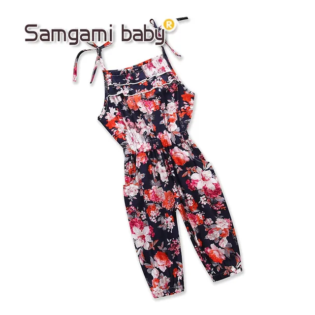 SAMGAMI BABY Condole Belt Pants Summer Beach Party Floral Print Lace-up Girls Jumpsuit Outfit Ruffle Cotton Rompers One-pieces