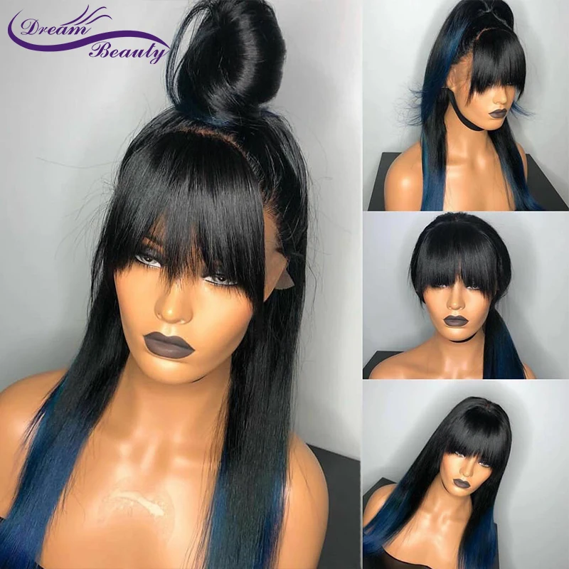 

Blue Wig Ombre Lace Front Wig Colored Human Hair Wigs With Bangs Straight Lace Frontal Wigs Brazilian Remy Wigs dream beauty