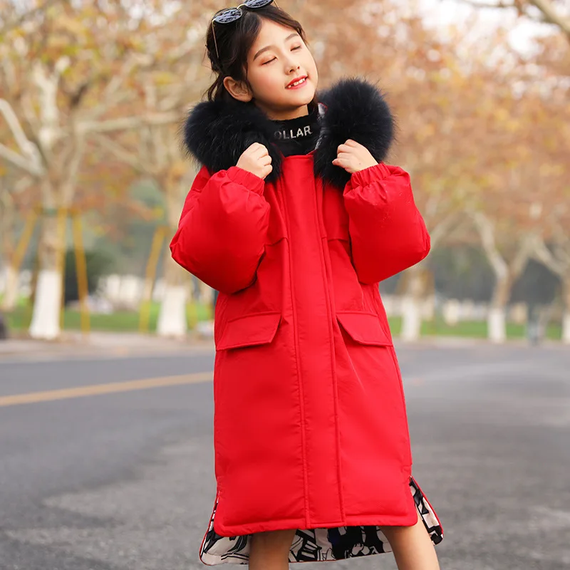 

Children Girl Winter Jacket Real Fur Hooded Long Coat Parka Kids Big School 4 8 10 14 Teens -30 Russia Winter Clothing Overcoat