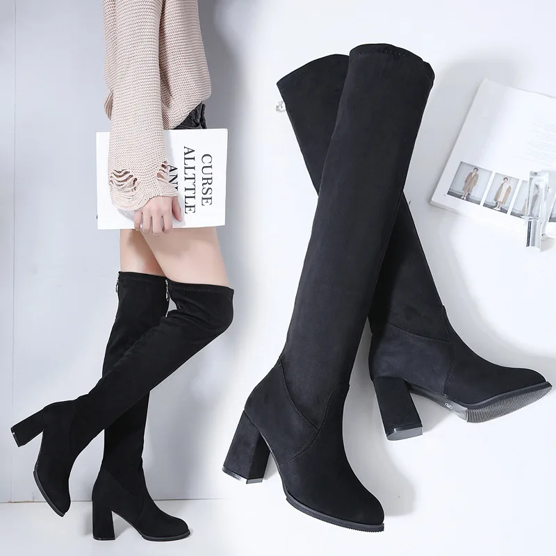 

2018 winter new thick women's boots foreign trade suede round head thick with knee stretch boots black 1129