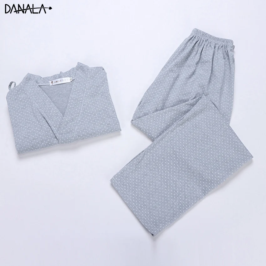 DANALA Casual Man Kimono Pajamas Sets Polka Dot Long Sleeve Comfortable Sleepwear Home Wear