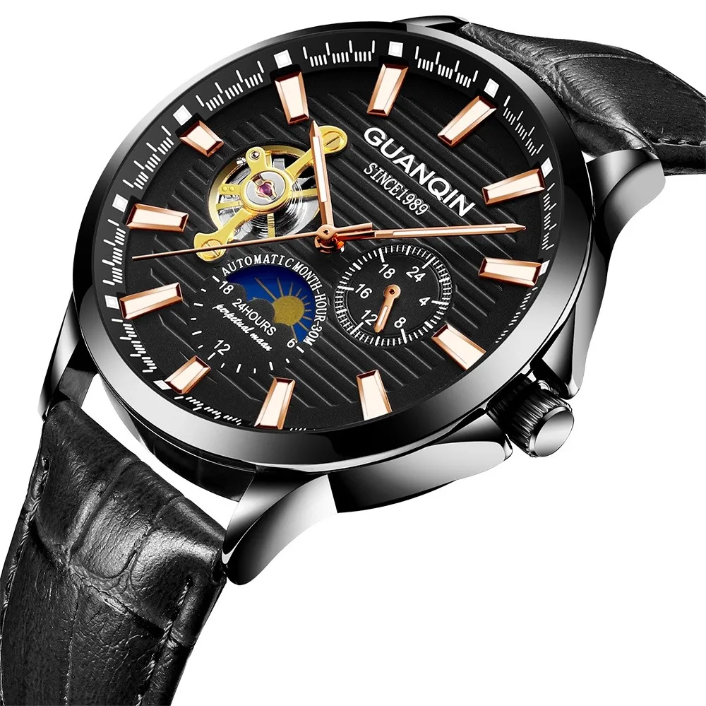 Высококлассные механические часы Топ бренд GUANQIN турбийон автоматические часы мужские кожаный ремешок фаза Луны 24 часа светящиеся стрелки