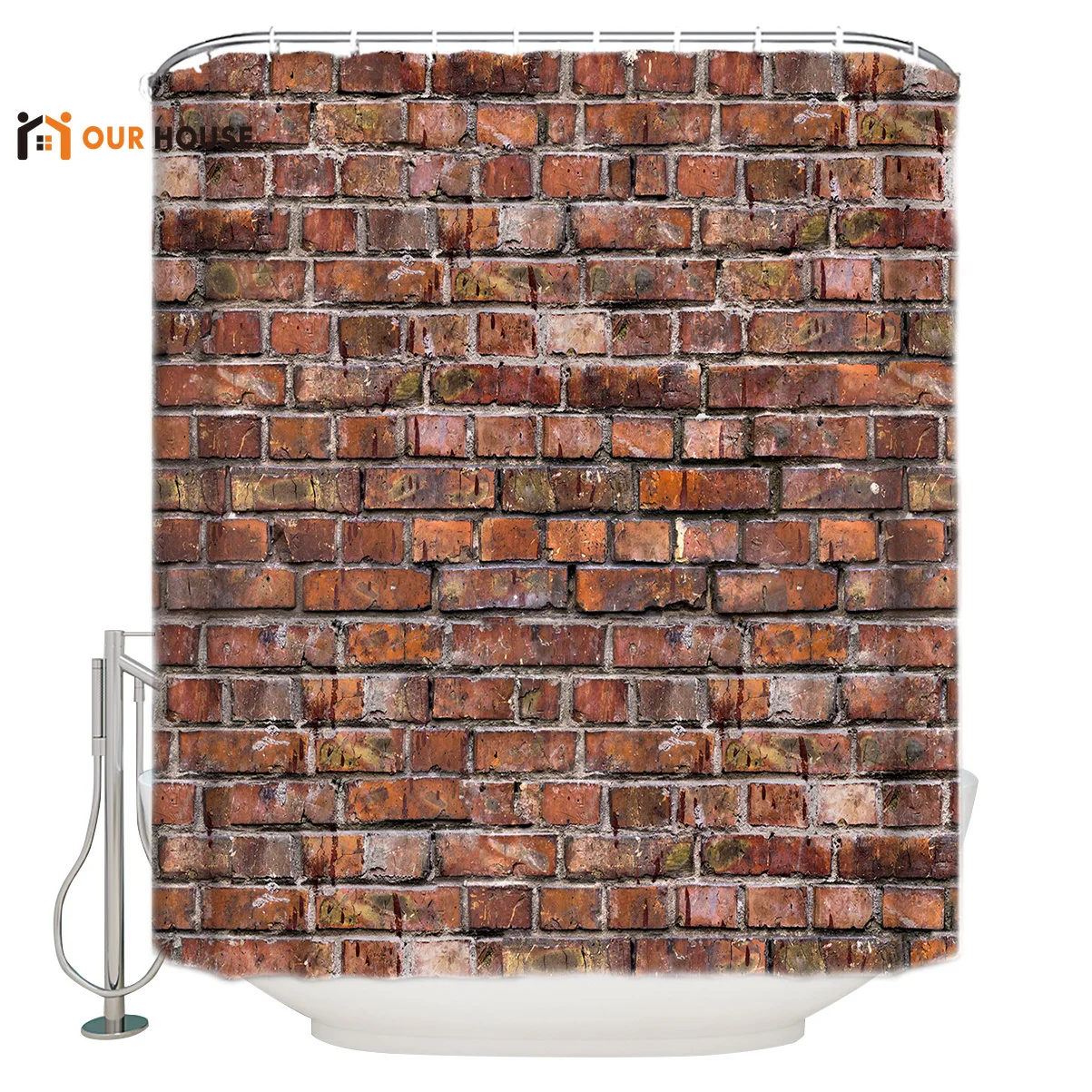 

OURHouse Crack In Stone Brick Wall Retro Red Stone Wallpaper Shower Curtain Fabric Bathroom Sets Childrens Modern Hotel Hooks