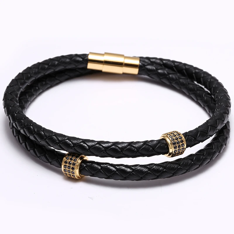Round Zircon Mens Bracelets Stainless Steel Black Leather Bracelet