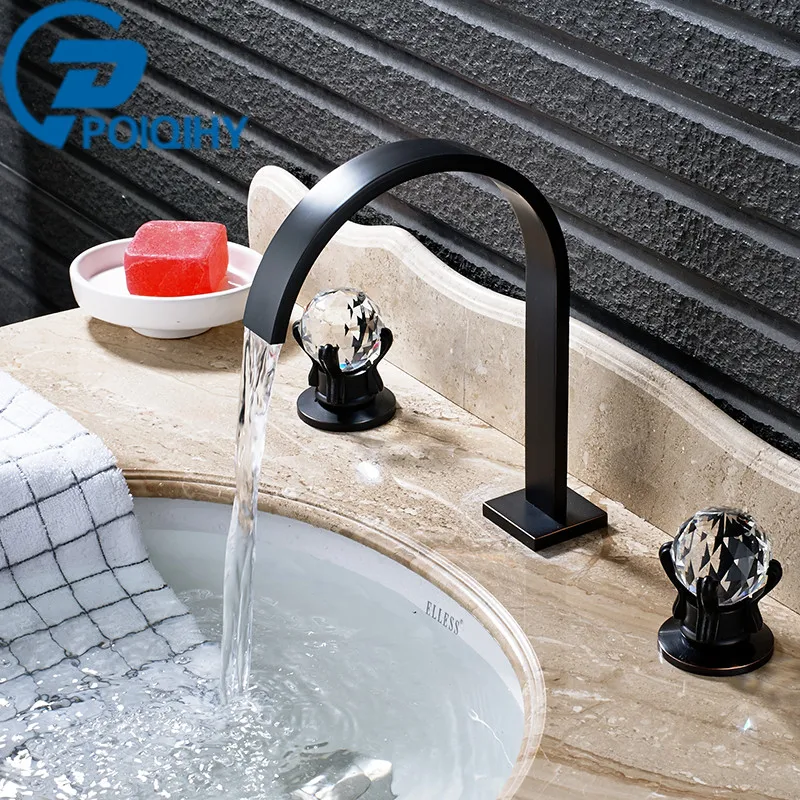 

Deck Mounted Basin Faucet Dual Handlle Hot and Cold Water Waterfall Mixer Tap High Quality Tap with Crystal Full Brass Ceramic