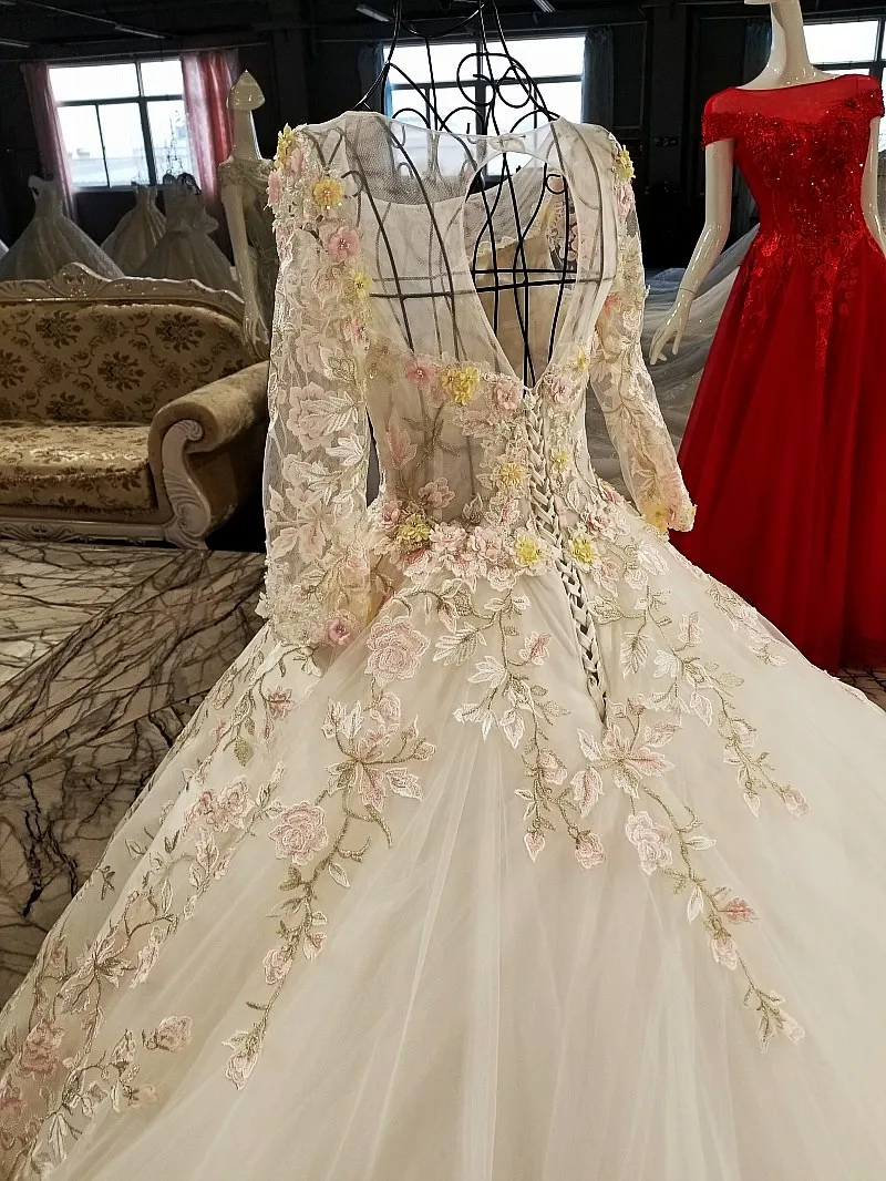 LS64221 свадебные платья шикарные длинные рукава открытые назад красочные розовые