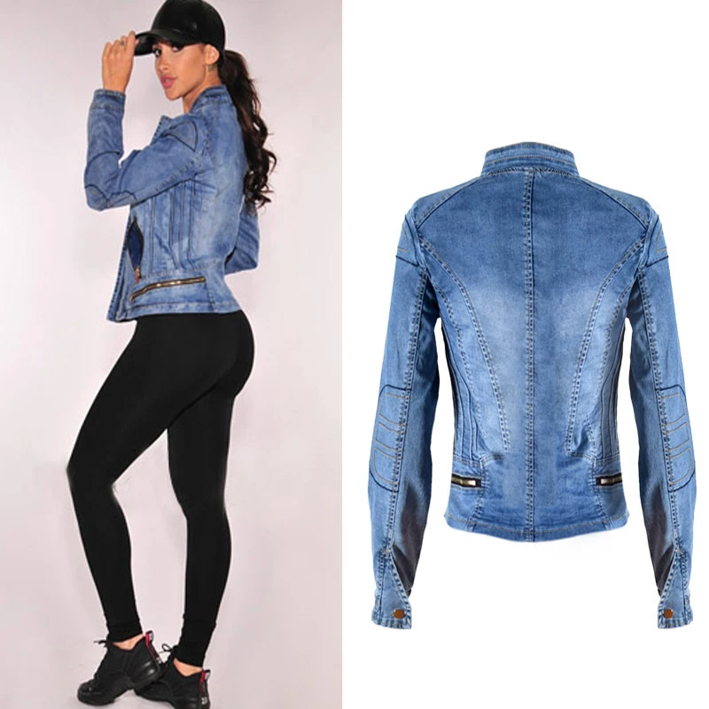 2018 Europe and the United States popular women's baseball jacket stretch denim jacket and more zipper motorcycle models have wild large size (4)