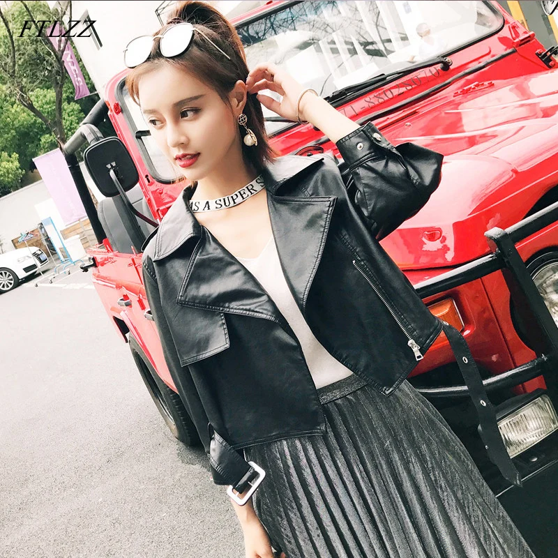 

FTLZZ New Women Faux Leather Short Jacket Casual Soft Pu Biker Coat Three Quarter Sleeve Punk Slim Outwear Motor Leather Jackets